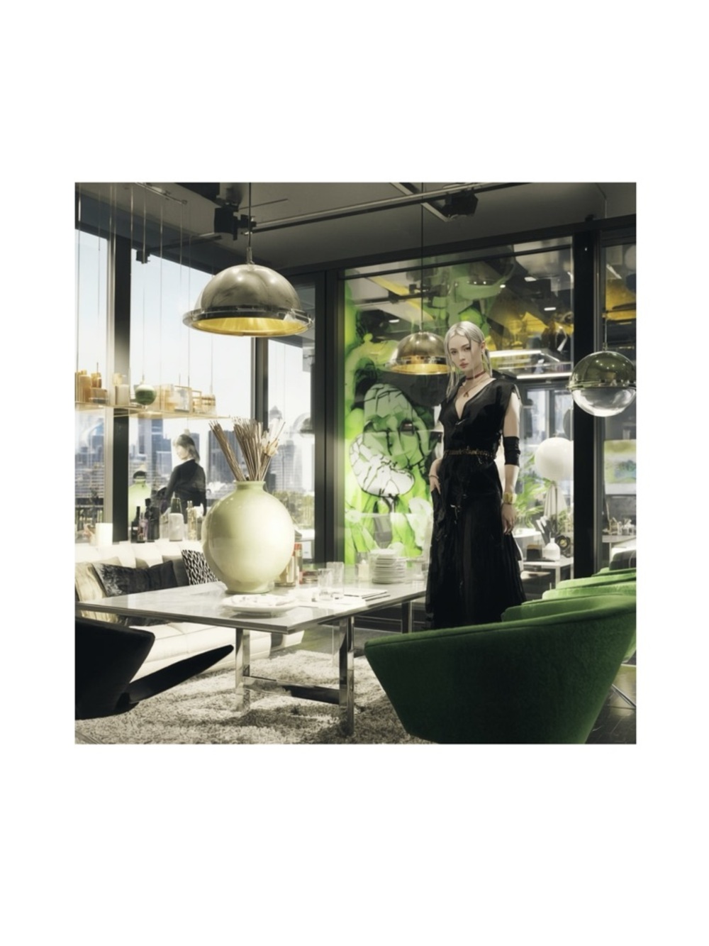 Contemporary Green Accent digital Art Poster - Stylish Interior Scene